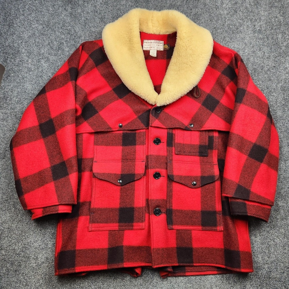 VTG CC Filson Mackinaw Wool Packer Coat Mens 48 Red Buffalo Plaid Shearling USA